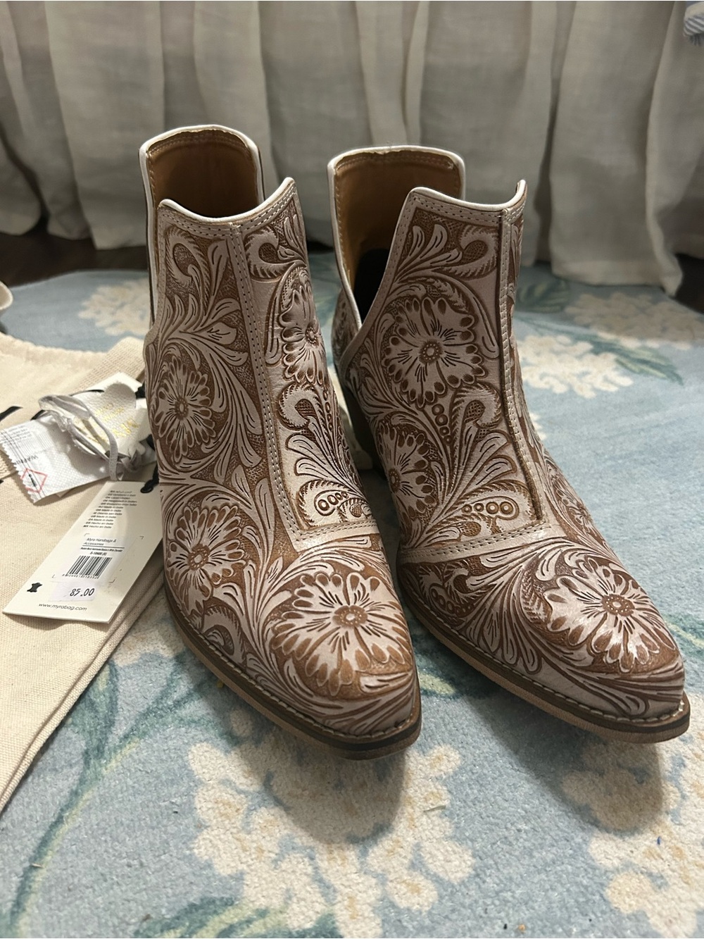 Women’s Myra Floral Tooled Ankle Boots in Brown and White